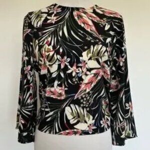 EUC Code x Mode Black Tropical Print Tie-Back Blouse